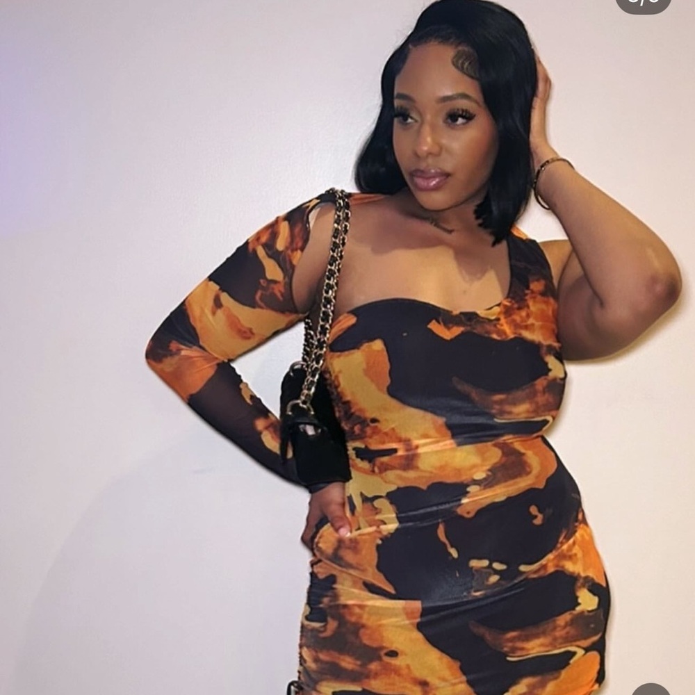 Fashion Nova One-Shoulder Orange and Black Mini Dress